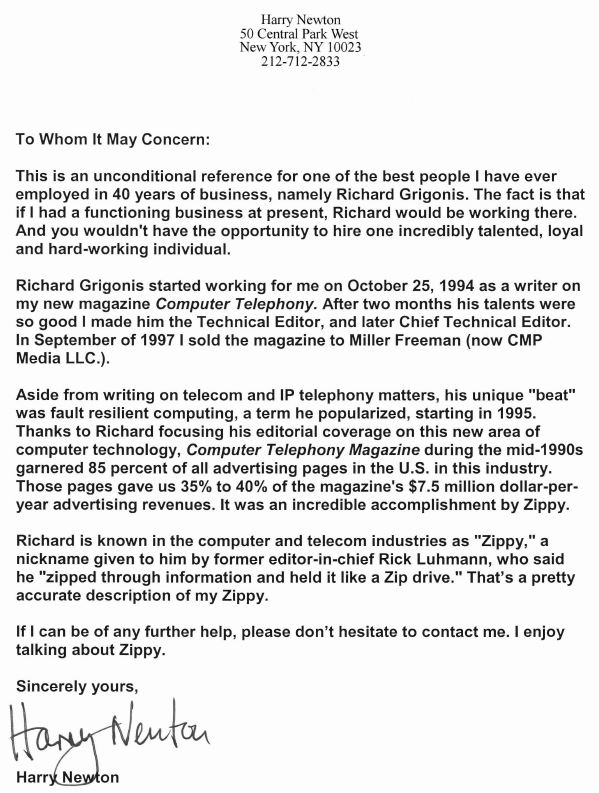 Richard Grigonis Recommendation Letter from Harry Newton